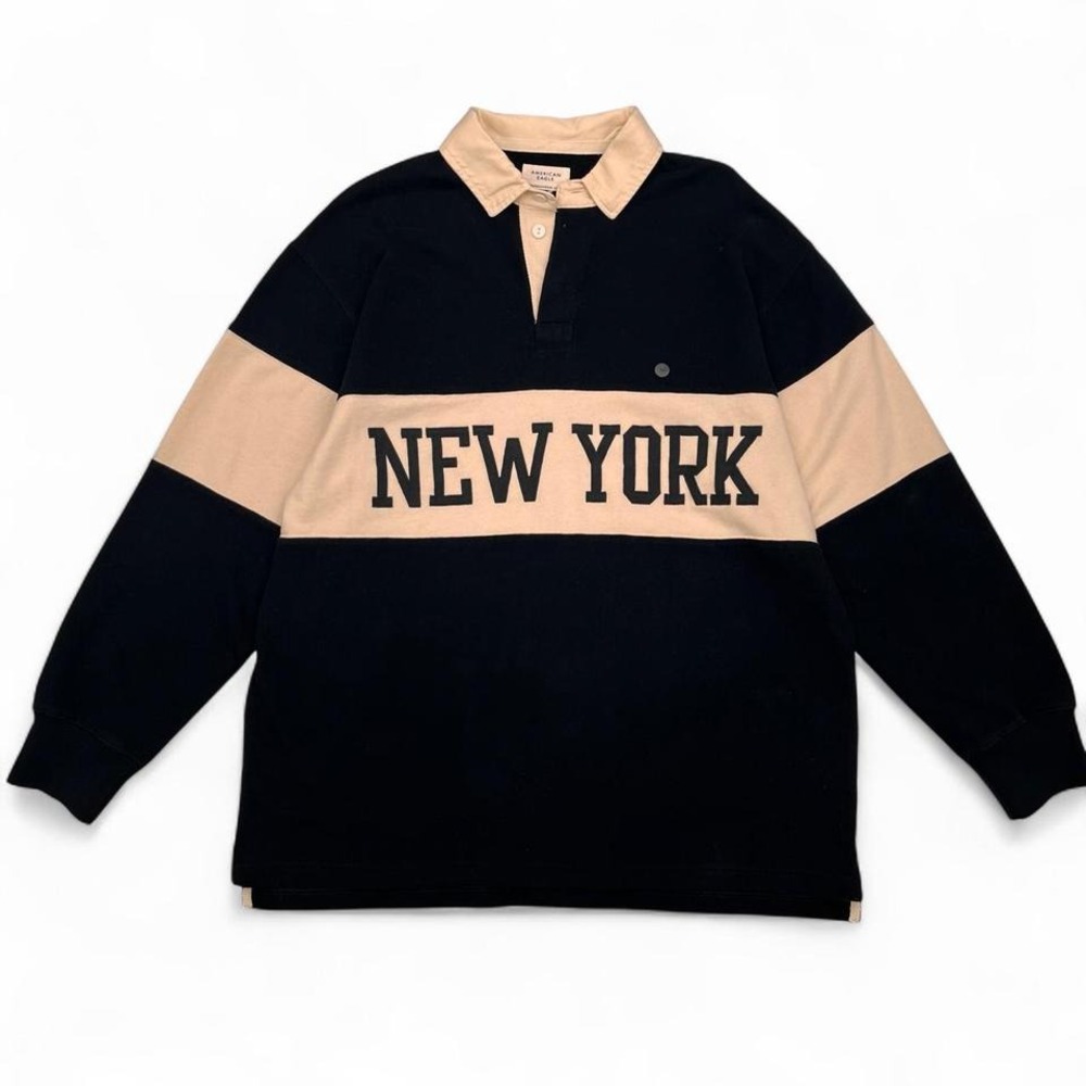 American Eagle New York Rugby Pullover Black Tan NWT Women's Medium